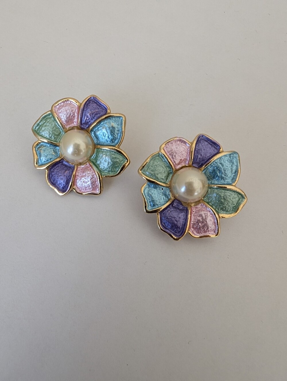 Vintage Clip On Earrings Large Pink Purple Green Enamel Flowers Pearl Gold